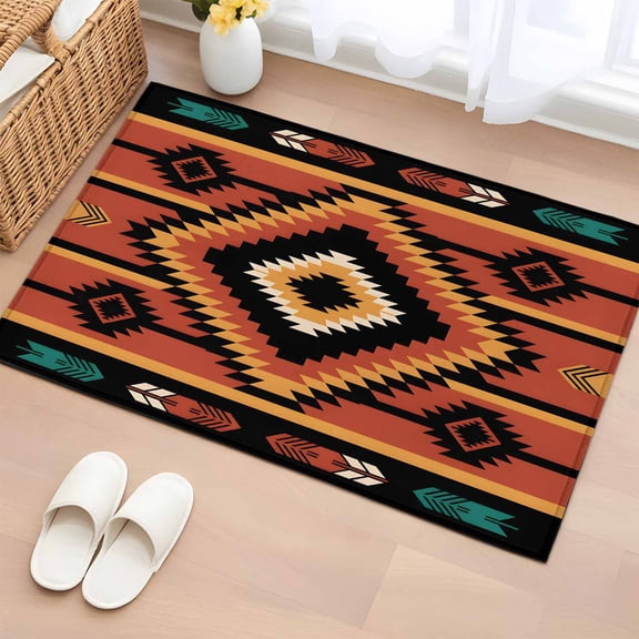 2x3 Ft Entryway Area Rug, Aztec Southwest Kitchen Rug Runner Washable Floor Mat, Orange Black Boho Tribes Abstract Non Slip Indoor Door Mat Throw Carpet for Bathroom Living Room Bedroom