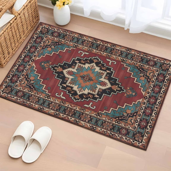 2x3 Ft Entryway Area Rug, Aztec Southwest Kitchen Rug Runner Washable Floor Mat, Red Brown Boho Chic Abstract Geometric Non Slip Indoor Door Mat Throw Carpet for Bathroom Living Room Bedroom