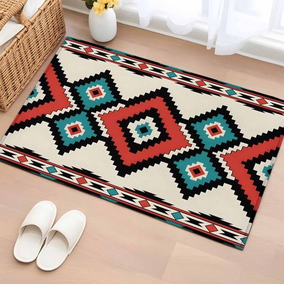 2x3 Ft Entryway Area Rug, Aztec Southwest Kitchen Rug Runner Washable Floor Mat, Tribes Vintage Red Blue Abstract Non Slip Indoor Door Mat Throw Carpet for Bathroom Living Room Bedroom