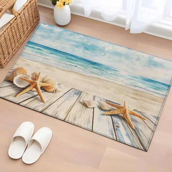 2x3 Ft Entryway Area Rug, Beach Coastal Kitchen Rug Runner Washable Floor Mat, Watercolor Ocean Waves Starfish Summer Non Slip Indoor Door Mat Throw Carpet for Bathroom Living Room Bedroom