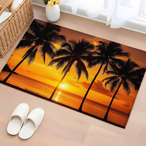 2x3 Ft Entryway Area Rug, Beach Sunset Kitchen Rug Runner Washable Floor Mat, Ocean Coconut Orange Coastline Landscape Non Slip Indoor Door Mat Throw Carpet for Bathroom Living Room Bedroom