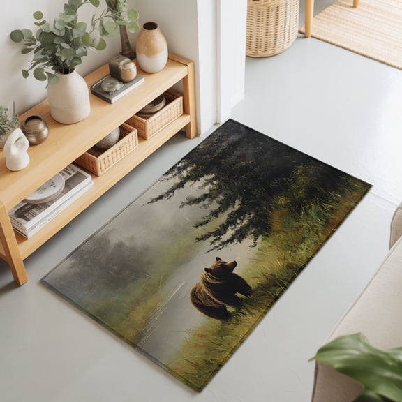 2x3 Ft Entryway Area Rug, Bear Forest Kitchen Rug Runner Washable Floor Mat, Foggy Pine Trees Grey Wildlife Non Slip Indoor Door Mat Throw Carpet for Bathroom Living Room Bedroom