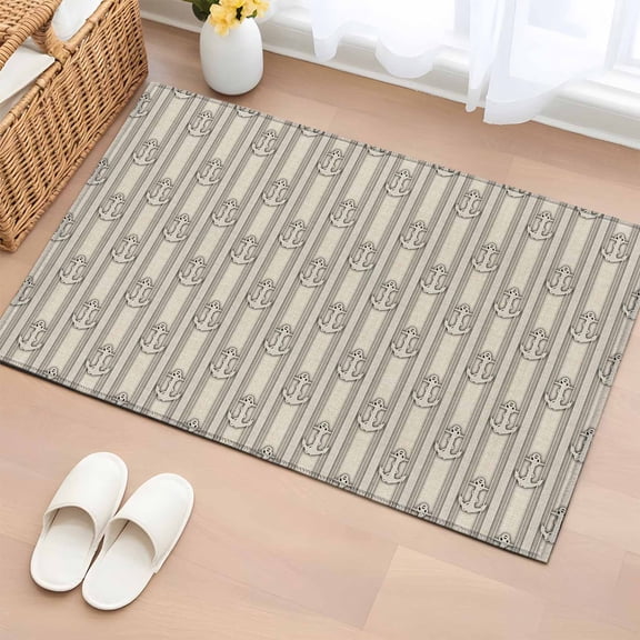 2x3 Ft Entryway Area Rug, Beige Anchor Nautical Kitchen Rug Runner Washable Floor Mat, Coastal Ocean Blue Striped Non Slip Indoor Door Mat Throw Carpet for Bathroom Living Room Bedroom