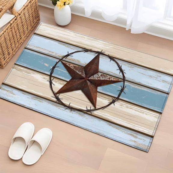 2x3 Ft Entryway Area Rug, Beige Blue Star Kitchen Rug Runner Washable Floor Mat, Texas Star Wooden Retro Non Slip Indoor Door Mat Throw Carpet for Bathroom Living Room Bedroom