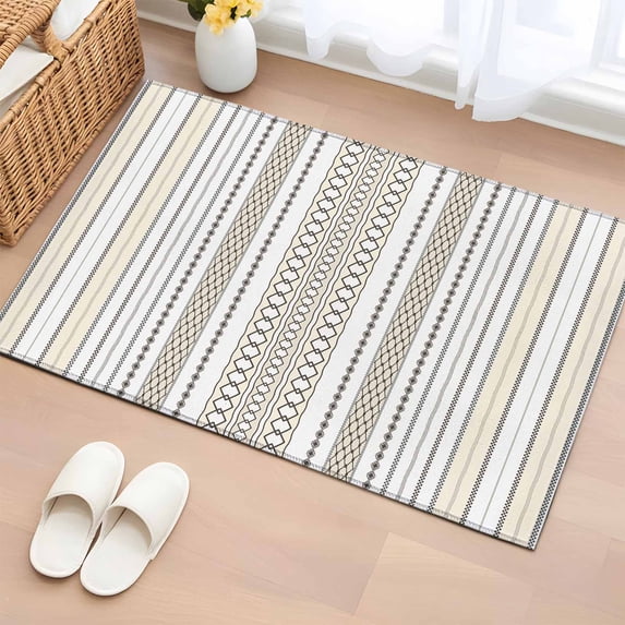 2x3 Ft Entryway Area Rug, Beige Brown Striped Kitchen Rug Runner Washable Floor Mat, Modern Farmhouse Geometric Non Slip Indoor Door Mat Throw Carpet for Bathroom Living Room Bedroom
