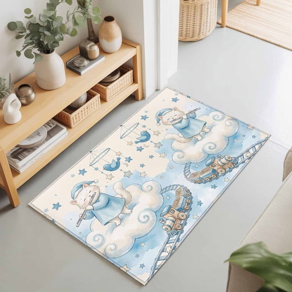 2x3 Ft Entryway Area Rug, Beige Cartoon Cats Kitchen Rug Runner Washable Floor Mat, Cute Cats Sleeping Dreams Clouds Non Slip Indoor Door Mat Throw Carpet for Bathroom Living Room Bedroom