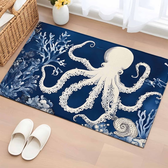 2x3 Ft Entryway Area Rug, Beige Octopus Coastal Kitchen Rug Runner Washable Floor Mat, Navy Blue Nautical Ocean Coral Non Slip Indoor Door Mat Throw Carpet for Bathroom Living Room Bedroom