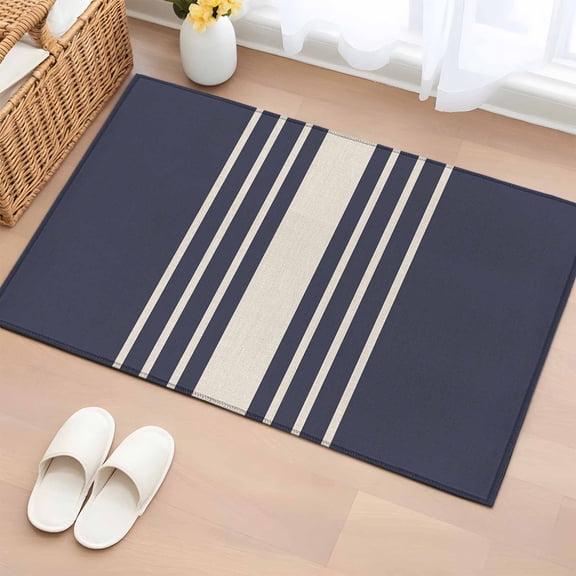 2x3 Ft Entryway Area Rug, Beige Striped Kitchen Rug Runner Washable Floor Mat, Midnight Blue Geometric Simple Retro Non Slip Indoor Door Mat Throw Carpet for Bathroom Living Room Bedroom