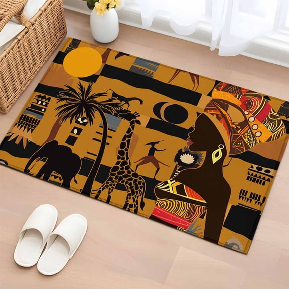 2x3 Ft Entryway Area Rug, Black African Women Kitchen Rug Runner Washable Floor Mat, Boho Brown Elephant Giraffe Ethnic Non Slip Indoor Door Mat Throw Carpet for Bathroom Living Room Bedroom