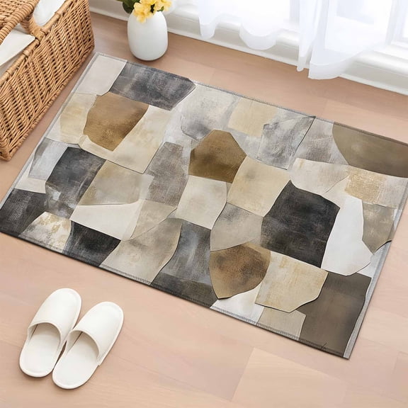 2x3 Ft Entryway Area Rug, Black Brown Color Blocks Kitchen Rug Runner Washable Floor Mat, Abstract Geometric Art Non Slip Indoor Door Mat Throw Carpet for Bathroom Living Room Bedroom