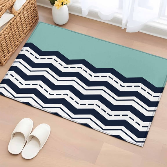 2x3 Ft Entryway Area Rug, Black Chevron Kitchen Rug Runner Washable Floor Mat, Geometric Turquoise Wavy Striped White Non Slip Indoor Door Mat Throw Carpet for Bathroom Living Room Bedroom