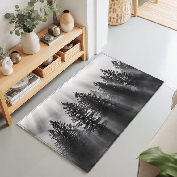 2x3 Ft Entryway Area Rug, Black Forest Kitchen Rug Runner Washable Floor Mat, Pine Tree Misty Botanical Natural Landscape Non Slip Indoor Door Mat Throw Carpet for Bathroom Living Room Bedroom