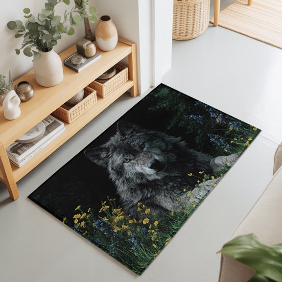 2x3 Ft Entryway Area Rug, Black Gray Wolf Kitchen Rug Runner Washable Floor Mat, Wildflowers Animal Wilderness Non Slip Indoor Door Mat Throw Carpet for Bathroom Living Room Bedroom