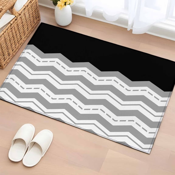2x3 Ft Entryway Area Rug, Black Grey Kitchen Rug Runner Washable Floor Mat, Geometric Chevron Print Wavy Striped White Non Slip Indoor Door Mat Throw Carpet for Bathroom Living Room Bedroom