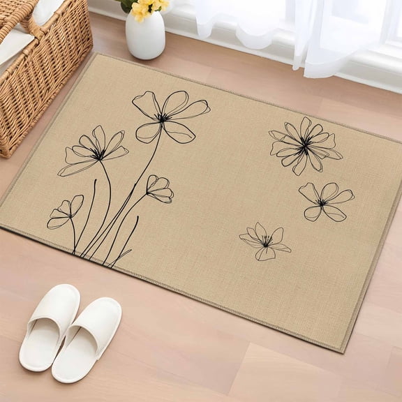 2x3 Ft Entryway Area Rug, Black Khaki Kitchen Rug Runner Washable Floor Mat, Spring Flora Non Slip Indoor Door Mat Throw Carpet for Bathroom Living Room Bedroom