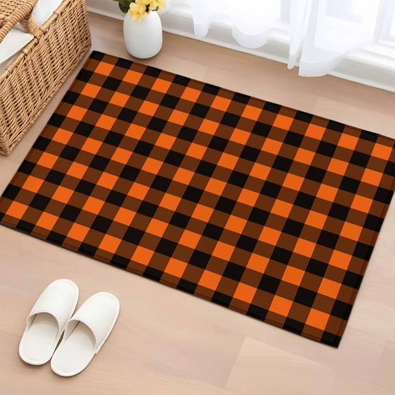 2x3 Ft Entryway Area Rug, Black Orange Plaid Kitchen Rug Runner Washable Floor Mat, Farmhouse Buffalo Check Gingham Non Slip Indoor Door Mat Throw Carpet for Bathroom Living Room Bedroom