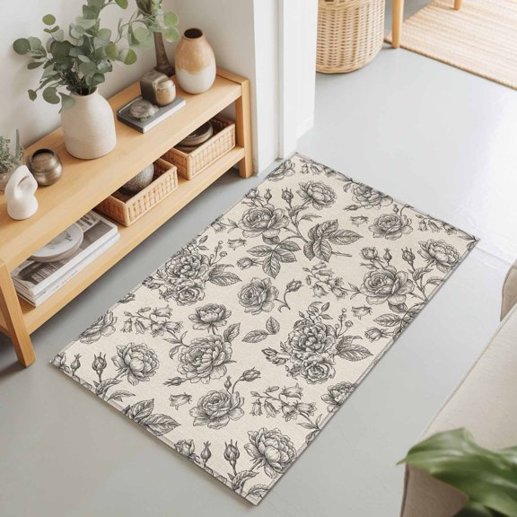 2x3 Ft Entryway Area Rug, Black Rose Kitchen Rug Runner Washable Floor Mat, Farmhouse Vintage Botanical Floral Burlap Non Slip Indoor Door Mat Throw Carpet for Bathroom Living Room Bedroom