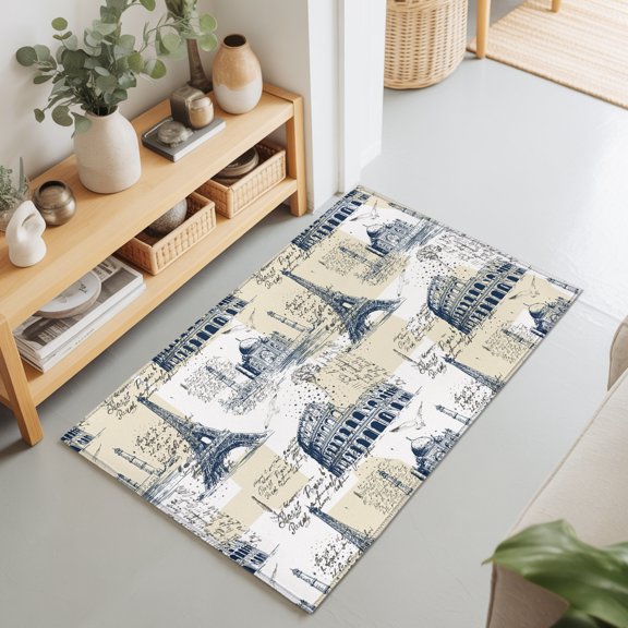 2x3 Ft Entryway Area Rug, Blue Architecture Kitchen Rug Runner Washable Floor Mat, Eiffel Tower Retro City Classical Beige Non Slip Indoor Door Mat Throw Carpet for Bathroom Living Room Bedroom