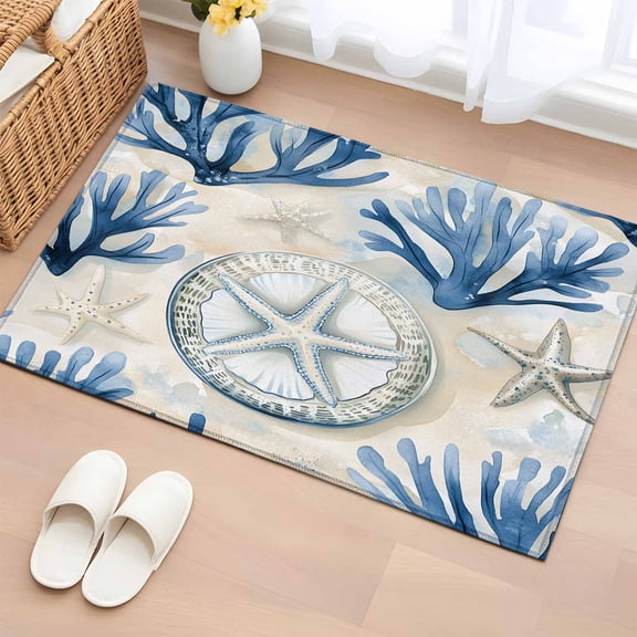 2x3 Ft Entryway Area Rug, Blue Beach Coastal Kitchen Rug Runner Washable Floor Mat, Summer Starfish Shell Nautical Non Slip Indoor Door Mat Throw Carpet for Bathroom Living Room Bedroom