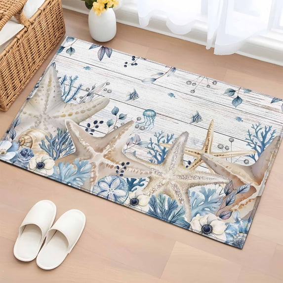 2x3 Ft Entryway Area Rug, Blue Beige Coastal Kitchen Rug Runner Washable Floor Mat, Beach Starfish Summer Eucalyptus Retro Non Slip Indoor Door Mat Throw Carpet for Bathroom Living Room Bedroom