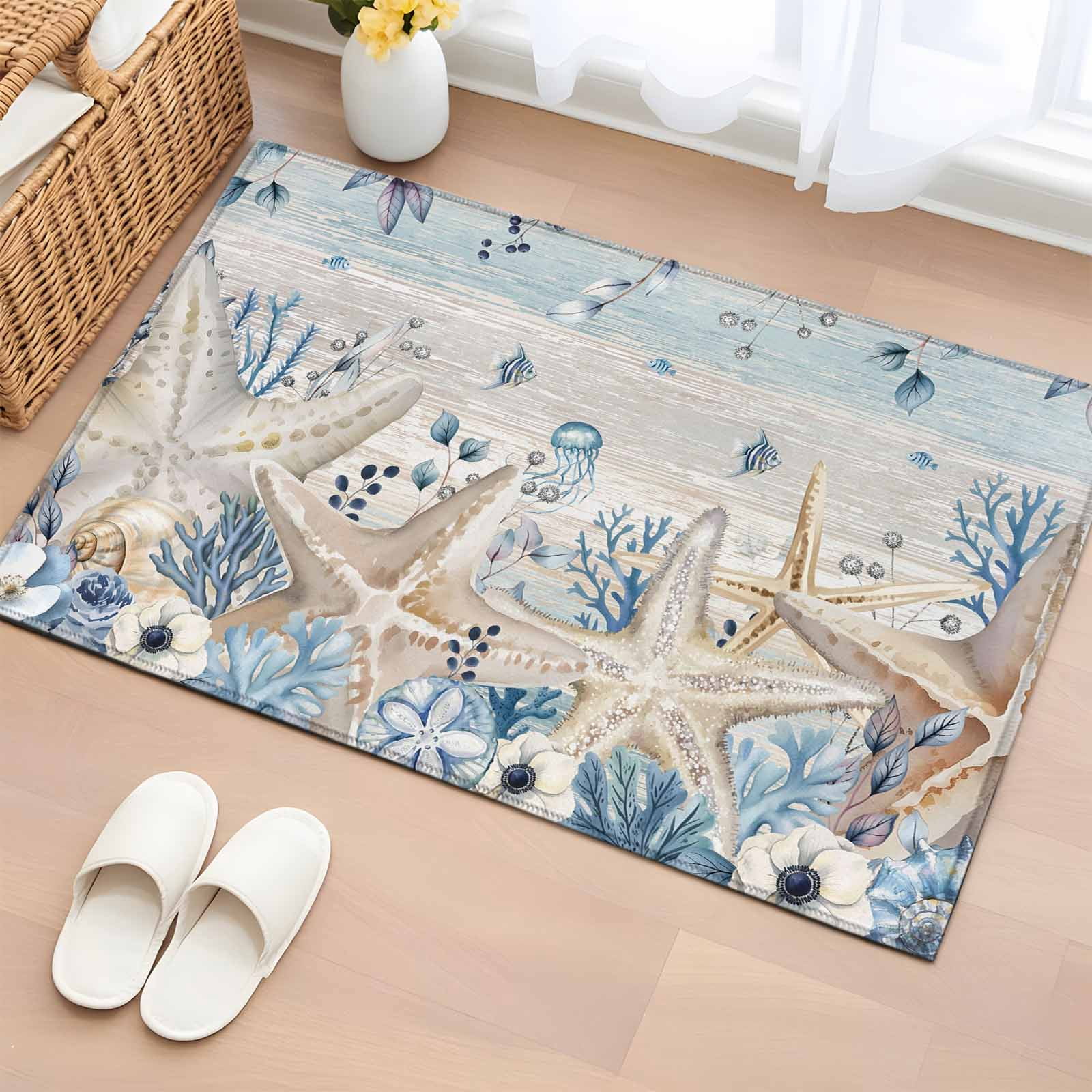 2x3 Ft Entryway Area Rug, Blue Beige Coastal Kitchen Rug Runner Washable Floor Mat, Beach Starfish Summer Eucalyptus Vintage Non Slip Indoor Door Mat Throw Carpet for Bathroom Living Room Bedroom