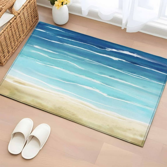 2x3 Ft Entryway Area Rug, Blue Beige Ombre Kitchen Rug Runner Washable Floor Mat, Coastal Nautical Summer Beach Wave Non Slip Indoor Door Mat Throw Carpet for Bathroom Living Room Bedroom