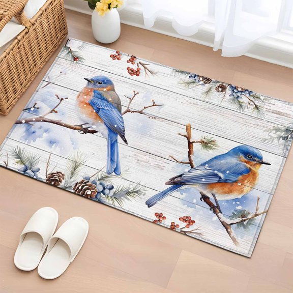 2x3 Ft Entryway Area Rug, Blue Birds Christmas Kitchen Rug Runner Washable Floor Mat, Xmas Pine Cones Berry Snowflake Vintage Non Slip Indoor Door Mat Throw Carpet for Bathroom Living Room Bedroom