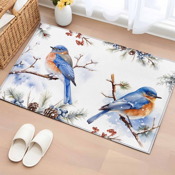 2x3 Ft Entryway Area Rug, Blue Birds Christmas Kitchen Rug Runner Washable Floor Mat, Xmas Pine Cones Berry Winter Snowflake Non Slip Indoor Door Mat Throw Carpet for Bathroom Living Room Bedroom