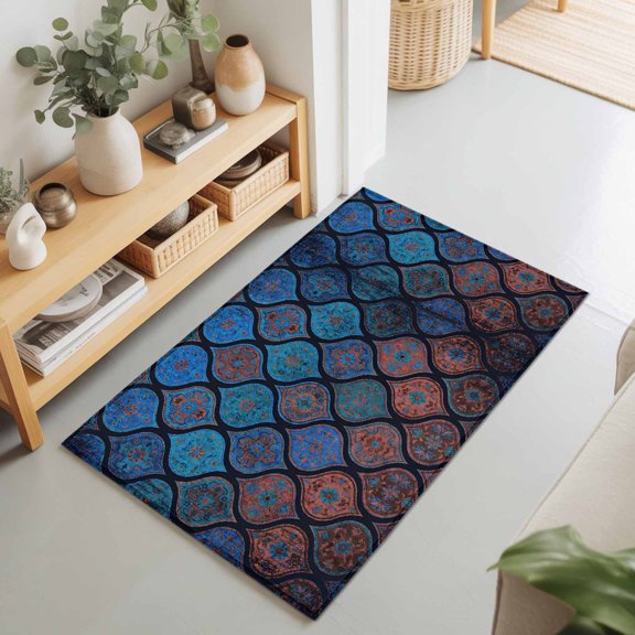 2x3 Ft Entryway Area Rug, Blue Boho Kitchen Rug Runner Washable Floor Mat, Vintage Chic Nation Abstract Geometric Plaid Non Slip Indoor Door Mat Throw Carpet for Bathroom Living Room Bedroom