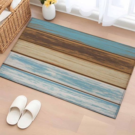 2x3 Ft Entryway Area Rug, Blue Brown Kitchen Rug Runner Washable Floor Mat, Farmhouse Rustic Wooden Plank Board Non Slip Indoor Door Mat Throw Carpet for Bathroom Living Room Bedroom