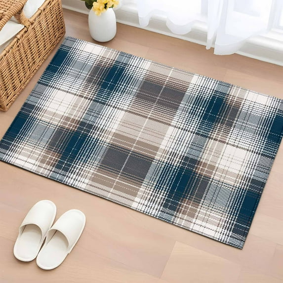 2x3 Ft Entryway Area Rug, Blue Brown Plaid Kitchen Rug Runner Washable Floor Mat, Modern Abstract Striped Gingham Checked Non Slip Indoor Door Mat Throw Carpet for Bathroom Living Room Bedroom