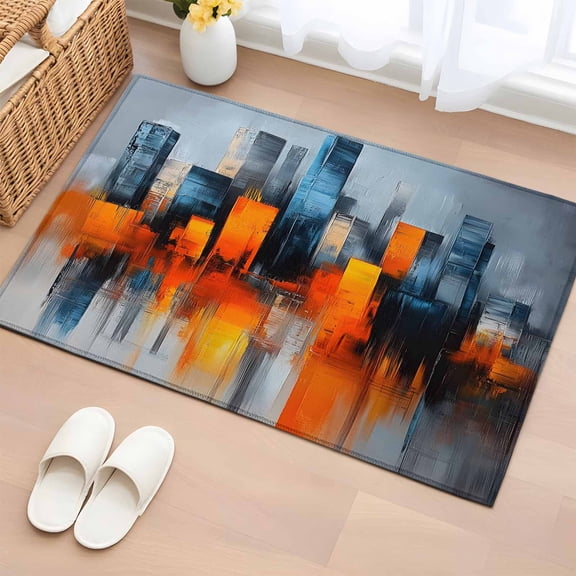 2x3 Ft Entryway Area Rug, Blue Burnt Orange Kitchen Rug Runner Washable Floor Mat, Modern Oil Painting Geometric Abstract Non Slip Indoor Door Mat Throw Carpet for Bathroom Living Room Bedroom