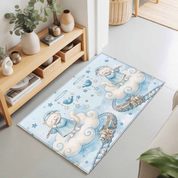 2x3 Ft Entryway Area Rug, Blue Cartoon Cats Kitchen Rug Runner Washable Floor Mat, Cute Cats Sleeping Dreams Clouds Non Slip Indoor Door Mat Throw Carpet for Bathroom Living Room Bedroom