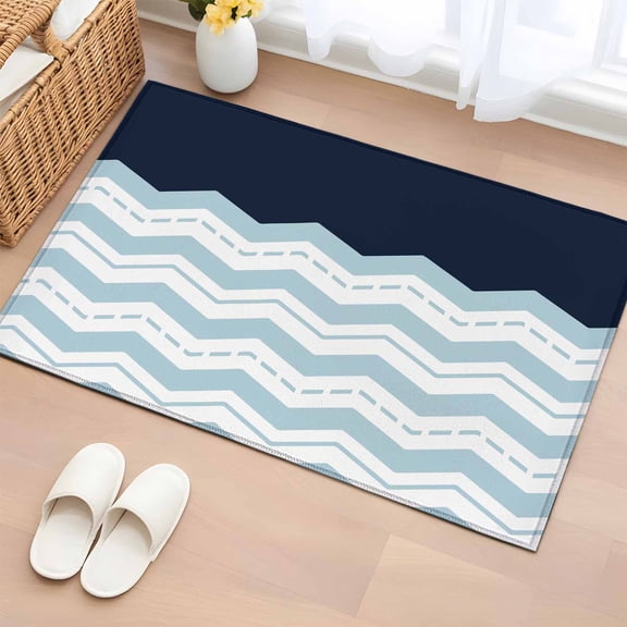 2x3 Ft Entryway Area Rug, Blue Chevron Kitchen Rug Runner Washable Floor Mat, Geometric Black Print Wavy Striped White Non Slip Indoor Door Mat Throw Carpet for Bathroom Living Room Bedroom