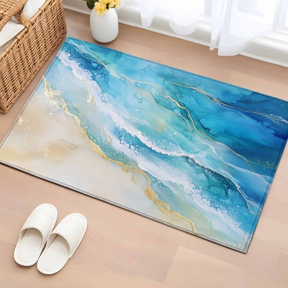 2x3 Ft Entryway Area Rug, Blue Coastal Beach Kitchen Rug Runner Washable Floor Mat, Summer Nautical Ocean Beige Non Slip Indoor Door Mat Throw Carpet for Bathroom Living Room Bedroom
