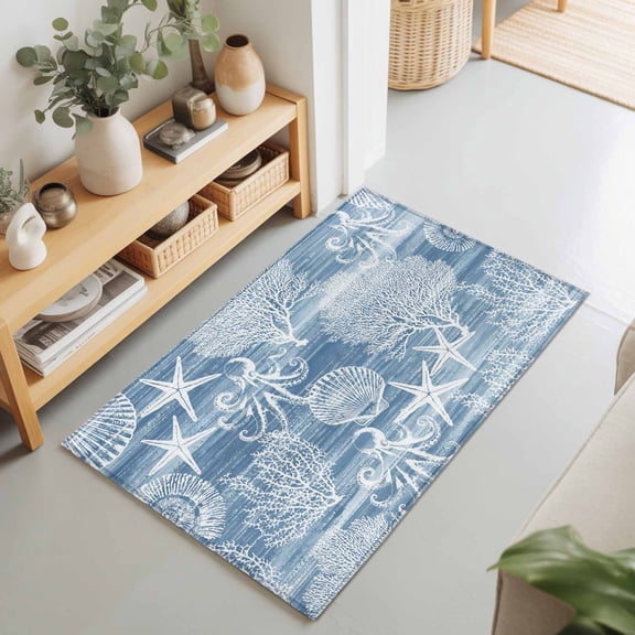 2x3 Ft Entryway Area Rug, Blue Coastal Kitchen Rug Runner Washable Floor Mat, Nautical Coral Starfish Shell Octopus Sea Non Slip Indoor Door Mat Throw Carpet for Bathroom Living Room Bedroom