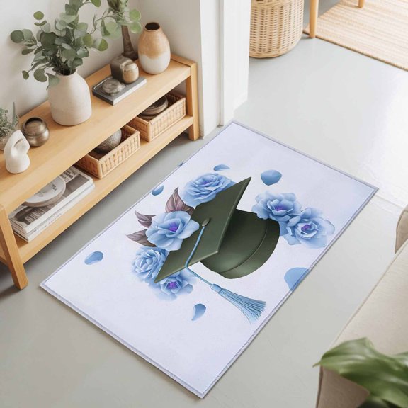 2x3 Ft Entryway Area Rug, Blue Floral Graduation Cap Kitchen Rug Runner Washable Floor Mat, Modern Falling Petals Gradient Non Slip Indoor Door Mat Throw Carpet for Bathroom Living Room Bedroom