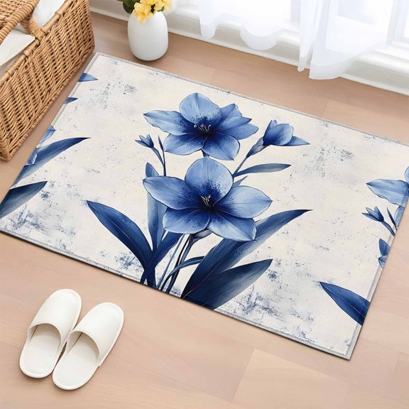 2x3 Ft Entryway Area Rug, Blue Floral Spring Kitchen Rug Runner Washable Floor Mat, Vintage Verdant Flower Patterns Non Slip Indoor Door Mat Throw Carpet for Bathroom Living Room Bedroom