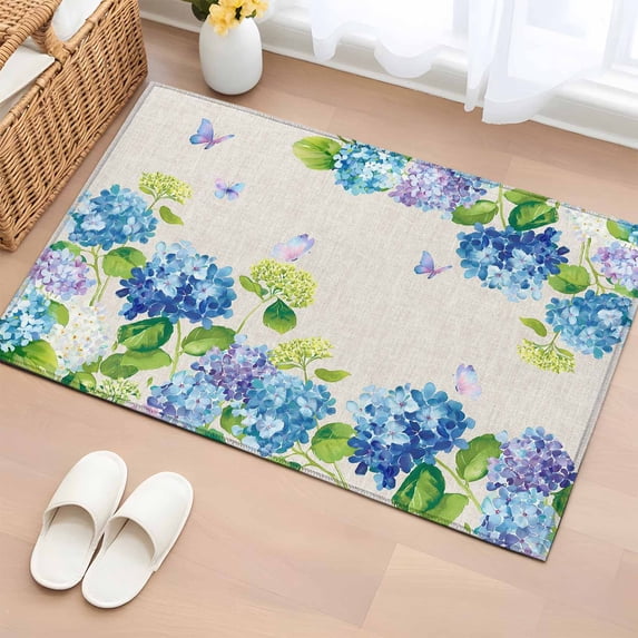 2x3 Ft Entryway Area Rug, Blue Hydrangea Kitchen Rug Runner Washable Floor Mat, Linen Texture Butterfly Spring Floral Non Slip Indoor Door Mat Throw Carpet for Bathroom Living Room Bedroom