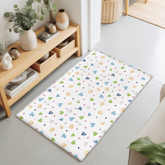 2x3 Ft Entryway Area Rug, Blue Love Heart Kitchen Rug Runner Washable Floor Mat, Cartoon Cute Modern Art Non Slip Indoor Door Mat Throw Carpet for Bathroom Living Room Bedroom