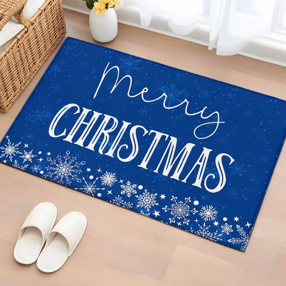 2x3 Ft Entryway Area Rug, Blue Merry Christmas Kitchen Rug Runner Washable Floor Mat, Xmas Winter Snowflake Blue White Non Slip Indoor Door Mat Throw Carpet for Bathroom Living Room Bedroom