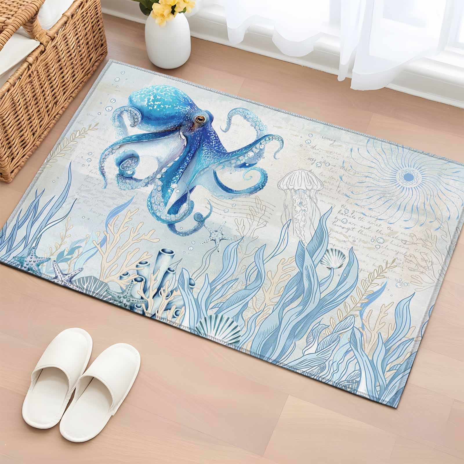 2x3 Ft Entryway Area Rug, Blue Octopus Coastal Kitchen Rug Runner ...