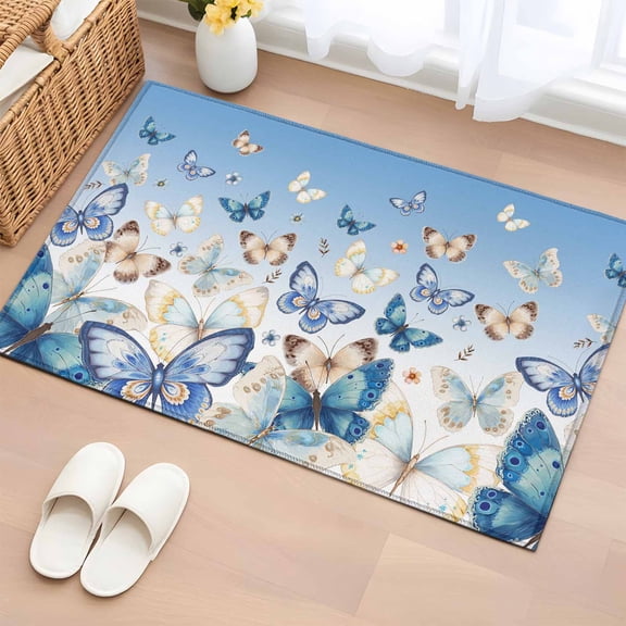 2x3 Ft Entryway Area Rug, Blue Ombre Butterfly Kitchen Rug Runner Washable Floor Mat, Pastoral Farmhouse Butterflies Non Slip Indoor Door Mat Throw Carpet for Bathroom Living Room Bedroom