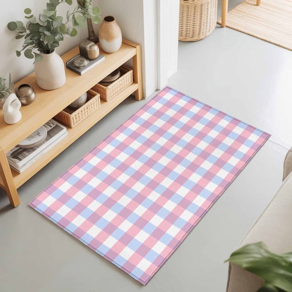 2x3 Ft Entryway Area Rug, Blue Pink Plaid Kitchen Rug Runner Washable Floor Mat, Watercolor Checkered Buffalo Farmhouse Non Slip Indoor Door Mat Throw Carpet for Bathroom Living Room Bedroom