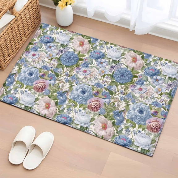 2x3 Ft Entryway Area Rug, Blue Pink Spring Floral Kitchen Rug Runner Washable Floor Mat, Vintage Summer Botanical Non Slip Indoor Door Mat Throw Carpet for Bathroom Living Room Bedroom