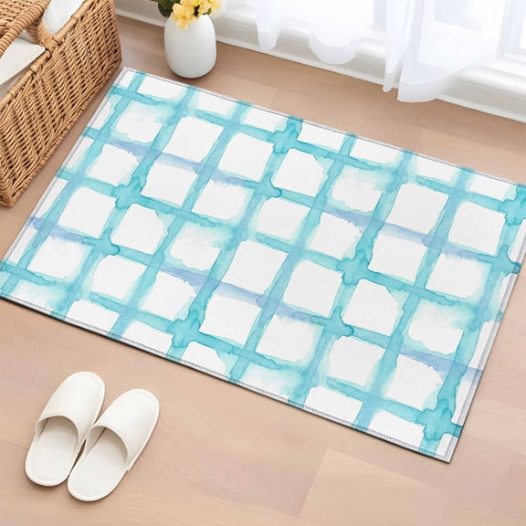 2x3 Ft Entryway Area Rug, Blue Plaid Kitchen Rug Runner Washable Floor Mat, Farmhouse Buffalo Check Stripes Modern Geometric Non Slip Indoor Door Mat Throw Carpet for Bathroom Living Room Bedroom