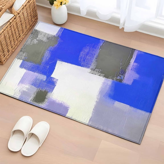 2x3 Ft Entryway Area Rug, Blue Purple Grey Kitchen Rug Runner Washable Floor Mat, Modern Abstract Art Geometric Oil Painted Non Slip Indoor Door Mat Throw Carpet for Bathroom Living Room Bedroom