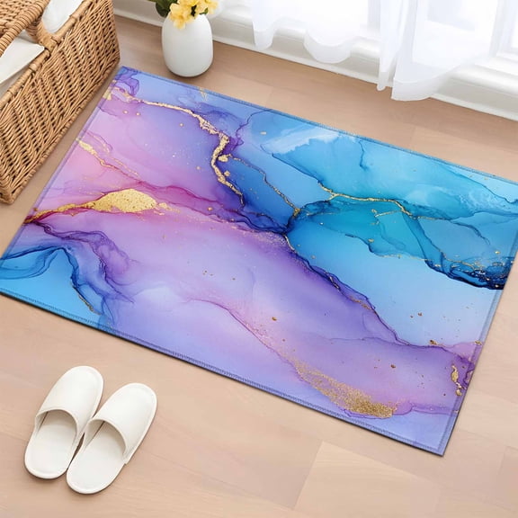 2x3 Ft Entryway Area Rug, Blue Purple Ombre Kitchen Rug Runner Washable Floor Mat, Marble Ink Painted Abstract Modern Non Slip Indoor Door Mat Throw Carpet for Bathroom Living Room Bedroom