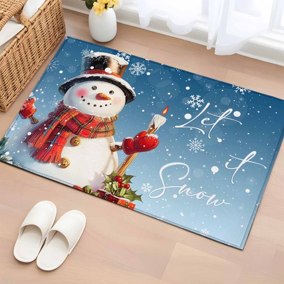 2x3 Ft Entryway Area Rug, Blue Snowman Christmas Kitchen Rug Runner Washable Floor Mat, Berry Snowflake Xmas Non Slip Indoor Door Mat Throw Carpet for Bathroom Living Room Bedroom