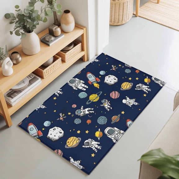 2x3 Ft Entryway Area Rug, Blue Space Kitchen Rug Runner Washable Floor Mat, Cartoon Cute Spaceship Planet Star Funny Non Slip Indoor Door Mat Throw Carpet for Bathroom Living Room Bedroom